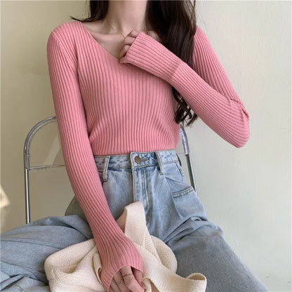 Women's V-Neck Knitted Pullover, Long Sleeve Slim Fit Jersey Top