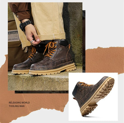 Men's Winter Snow Boots Leather Plush Lining Ankle High Lace Up