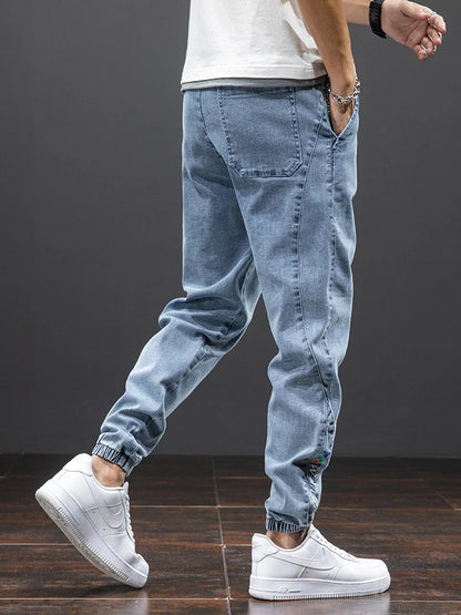 Mens Denim Cargo Jogger Pants, Baggy Harem Style, Drawstring Waist Plus Size