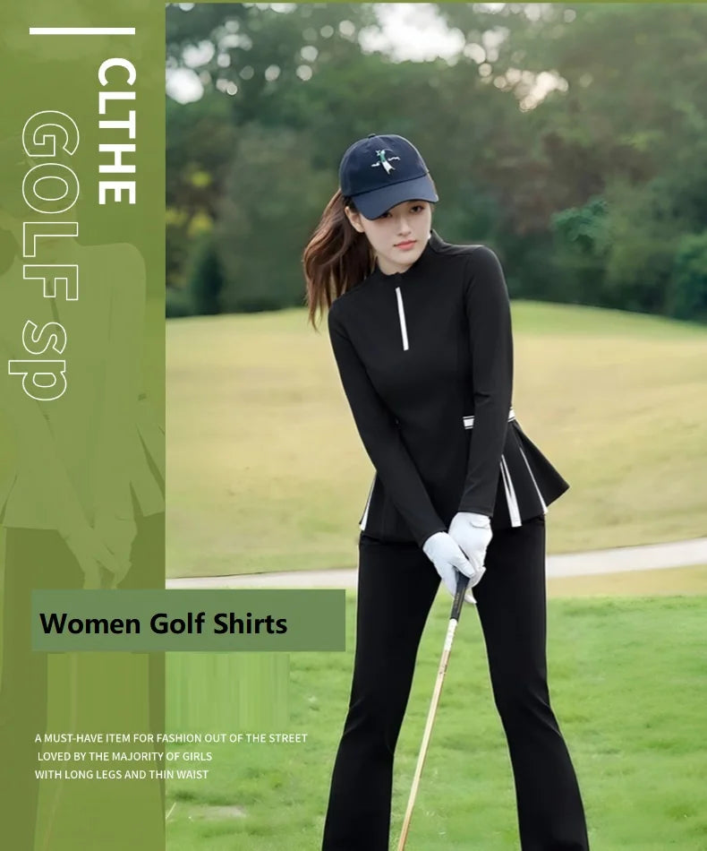 2025 New Golf Shirt Women Long Sleeve Zipper Collar T-Shirt Ladies Slim Pleated Golf Tops Breathable Casual Tennis Sportswear