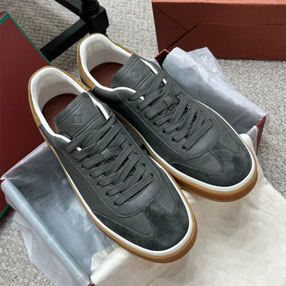 Men's Genuine Leather Lace Up Round Toe Trainer Shoes White