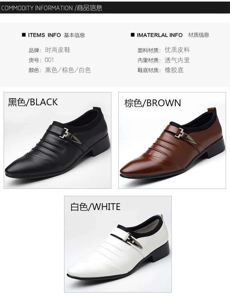 Men Slip On Black Leather Dress Shoes Pointed Toe Rubber Sole Plus Size