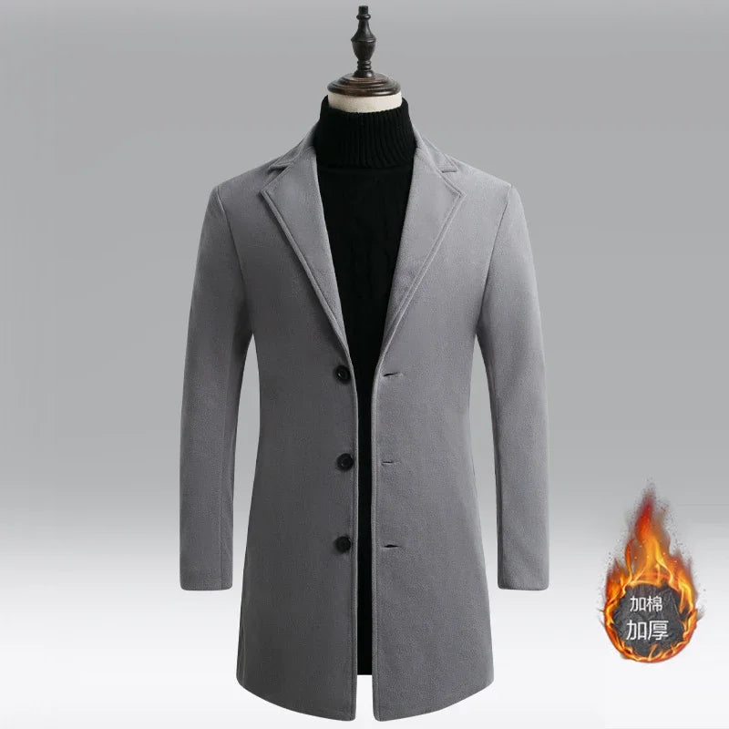Men Winter Trench Coats Long Jackets Men Slim Fit Casual Wool Blends Business Casual Trench Thicker Warm Long Coats Size 5XL