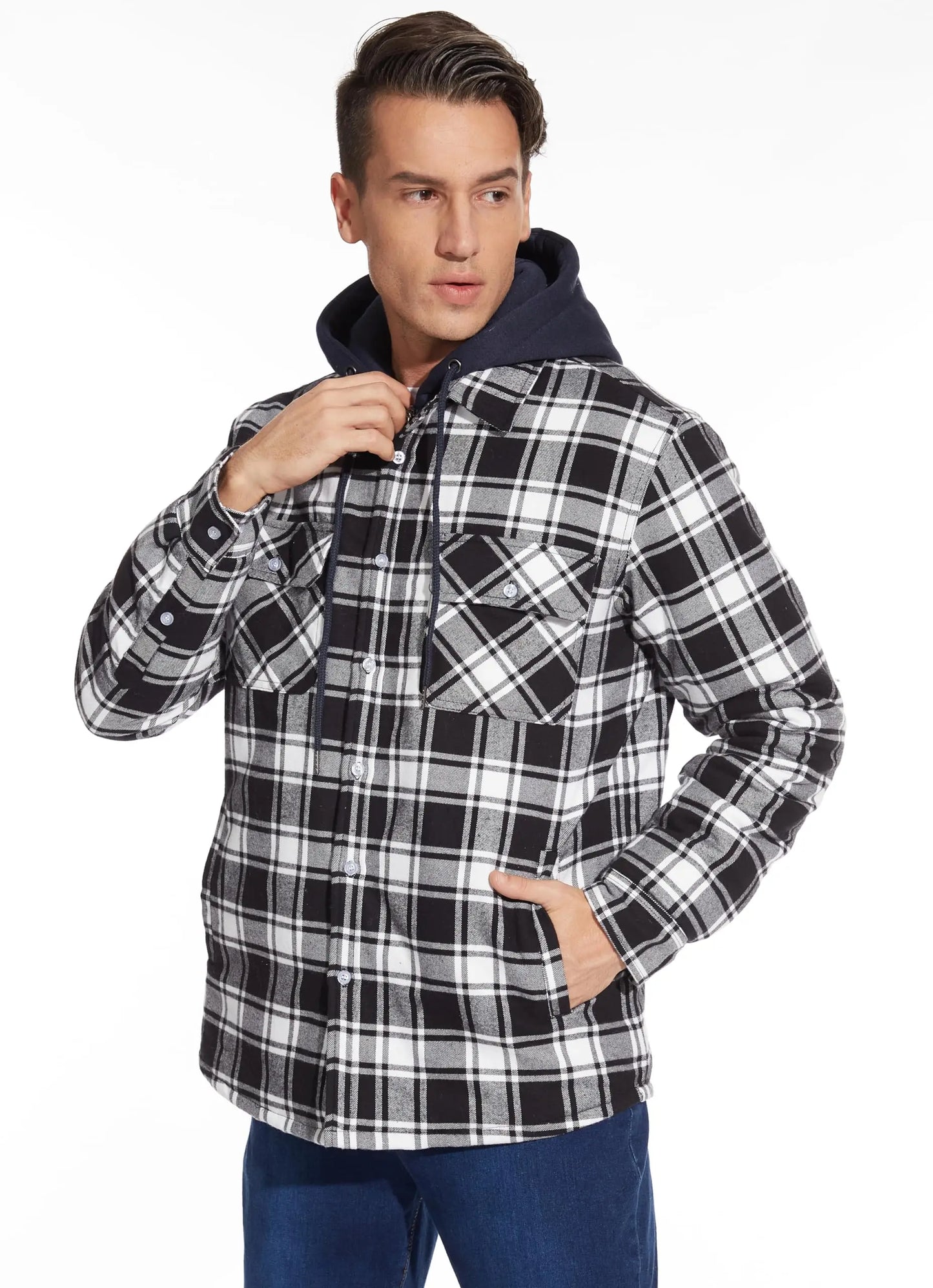 TACVASEN Men's Flannel Shirt Jacket with Removable Hood Plaid Quilted Lined Winter Coats Thick Hoodie Outwear Man Fleece Shirts
