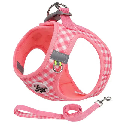 Checkered Pet Harness and Leash Set Breathable Nylon Reflective