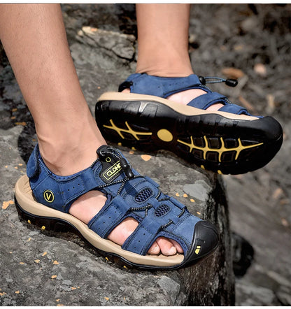 Men's Leather Sandals Handmade Thick Rubber Sole Breathable Slip On