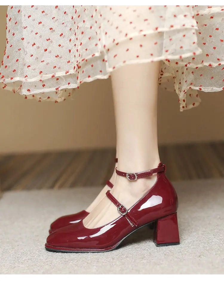 Leather Mary Jane Pumps Buckle Strap Shallow Square Toe High Heel Women