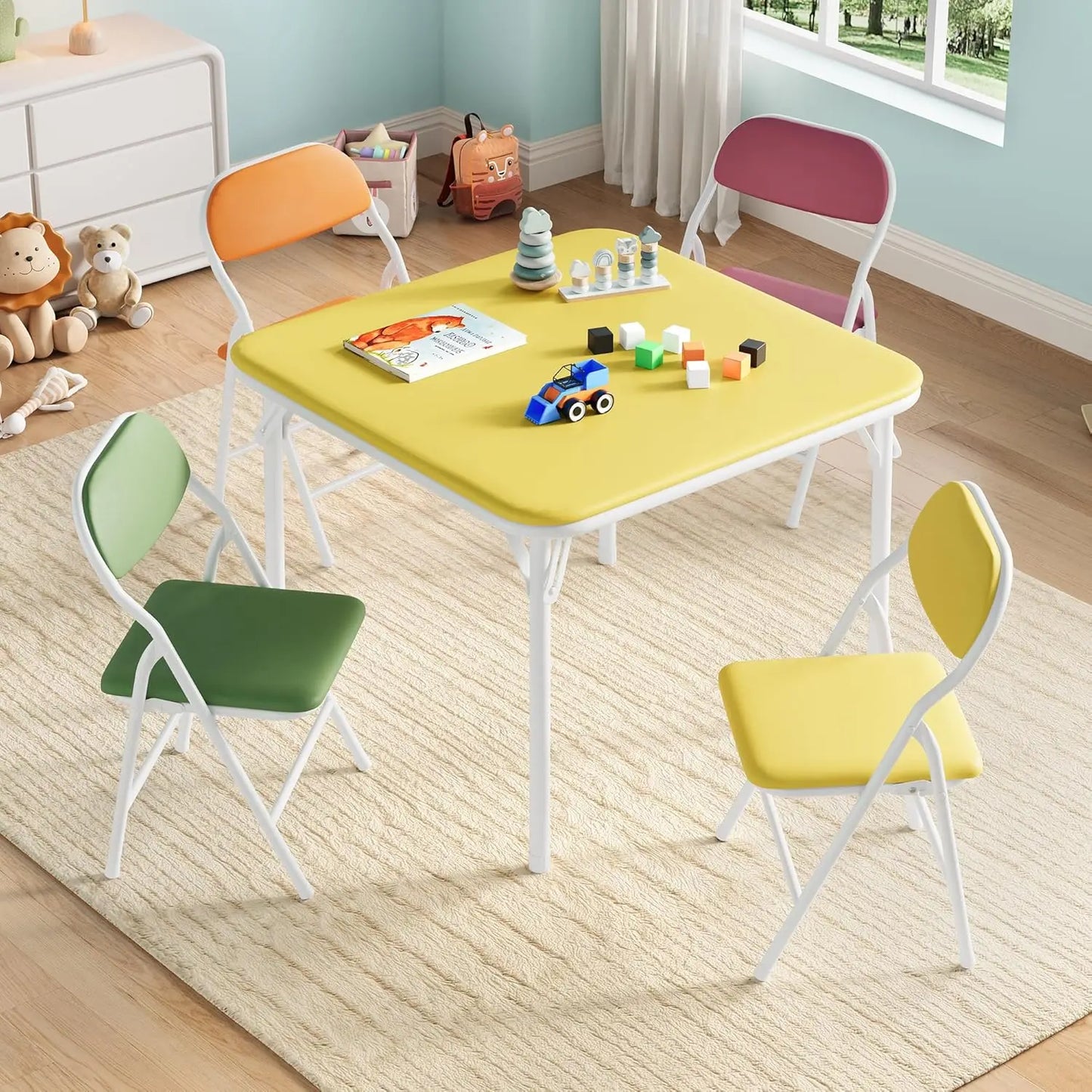 5-Piece Kids Folding Table and Chairs Set, Toddlers Children's Activity Table and Chairs Set for Dining Room, Daycare, Classroom
