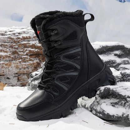 Men's Waterproof Leather Snow Boots Mid-Calf Lace-Up With Plush Lining