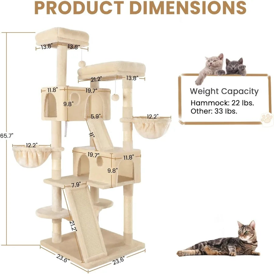 65in Larger Cat Tree Tower Condo for Indoor Kitties/Multi-Level Furniture Activity Center with Wide Base/Cozy Plush Cat Perches