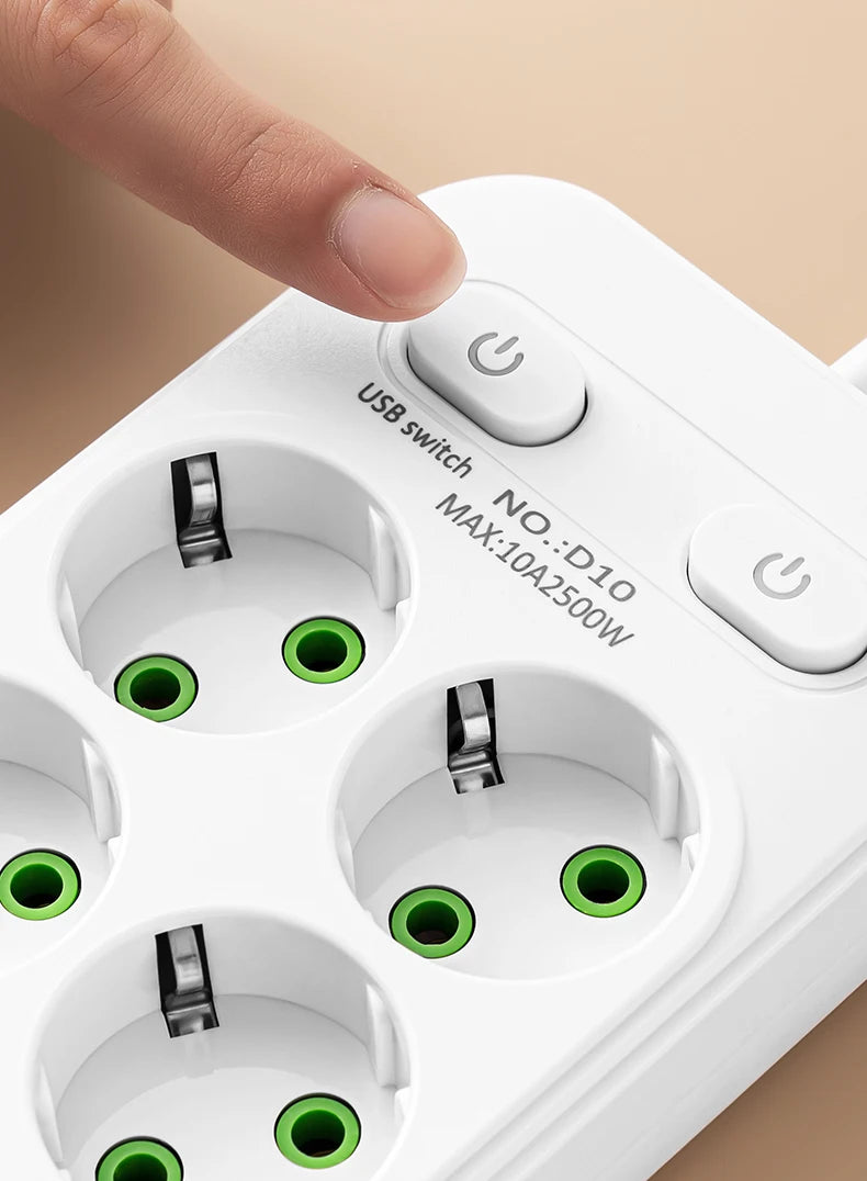 EU Plug Power Strip 6 AC Outlet Multitap Extension With 5 USB Ports 3m Cord Electrical Socket 2500W Fast Charge Surge Protector