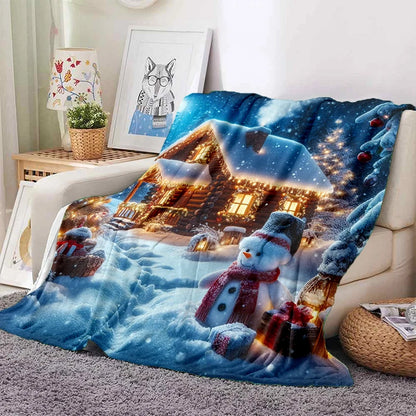 Cartoon Santa Snowman Throw Blanket Flannel Polyester Cotton
