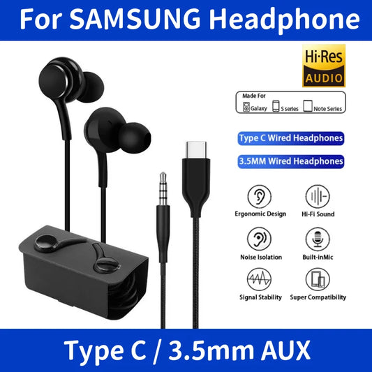 Original Type C Wired Headphones For Samsung Galaxy S25 S24 S23 S22 S21 Ultra 3.5mm AUX Earbuds Note20 A54 A53 Xiaomi Earphone