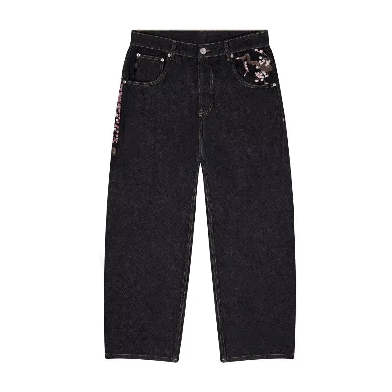 Unisex Denim Jeans With Plum Blossom Embroidery Wide Leg