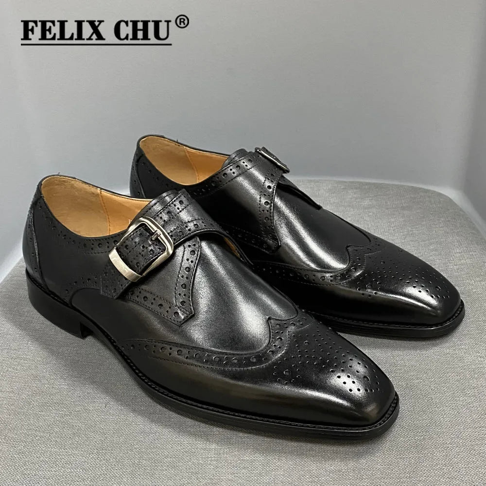 Genuine Leather Wingtip Oxfords With Monk Strap Buckle Brown And Black