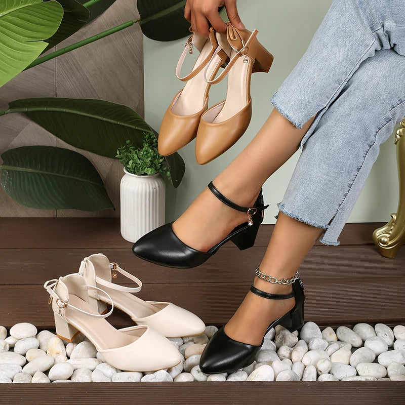 Thin Strap Pump With Bowknot Buckle, Pointed Toe, Square Heel