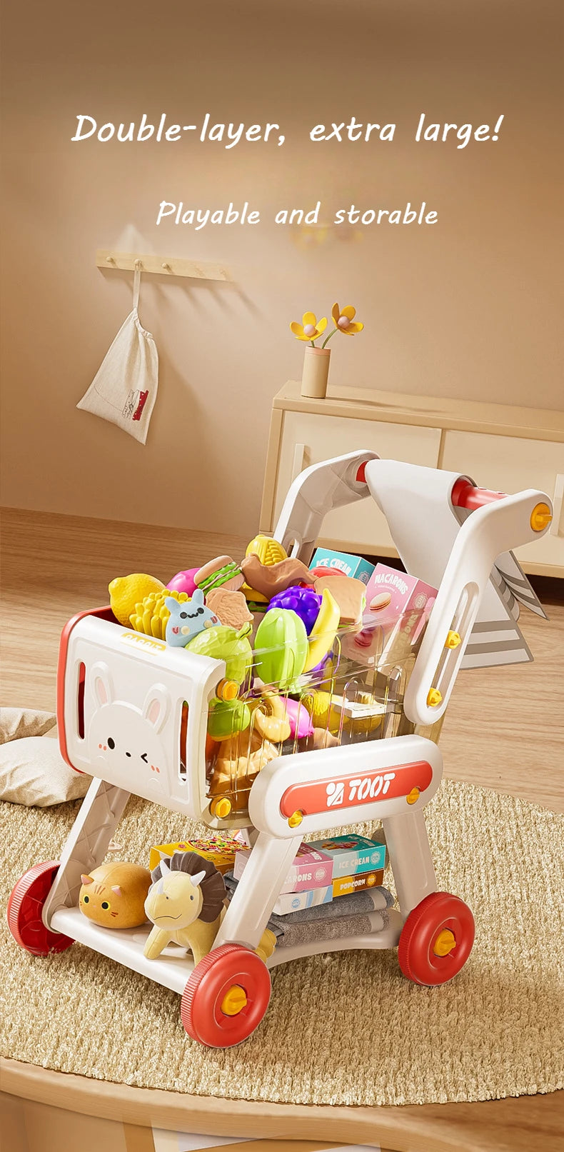 32pcs Shopping Cart Toy Set Kids Large Supermarket Trolley Role Playing Pretend Play Props Simulation Fruit Food Boys Girls Gift