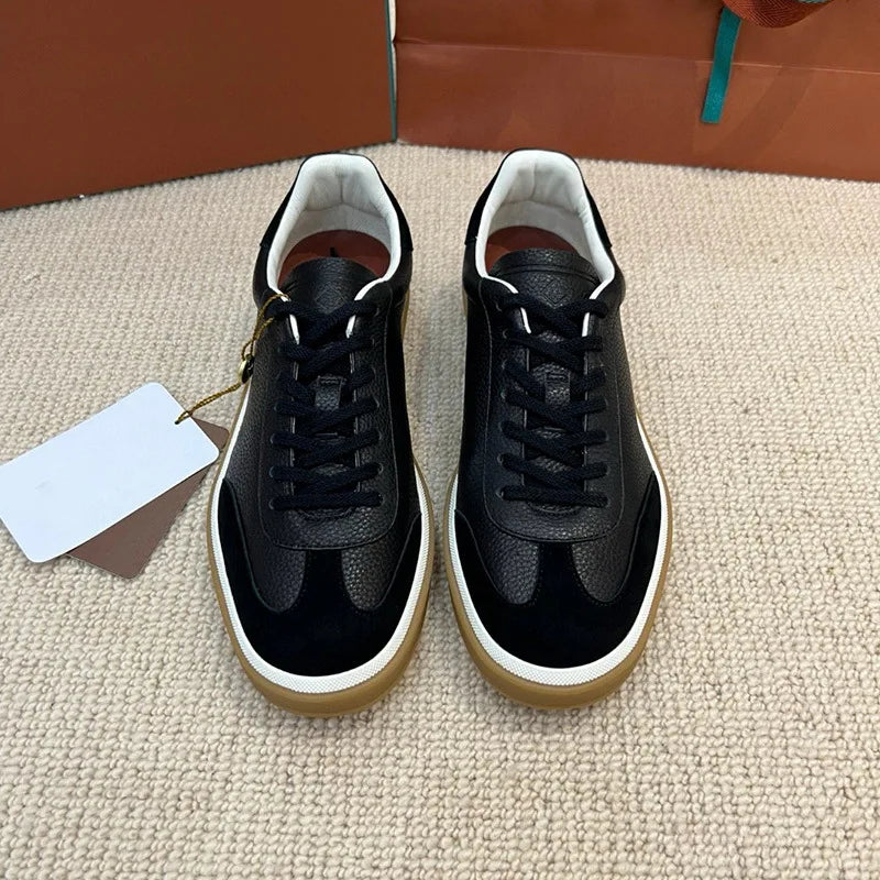 Men's Genuine Leather Lace Up Round Toe Trainer Shoes White