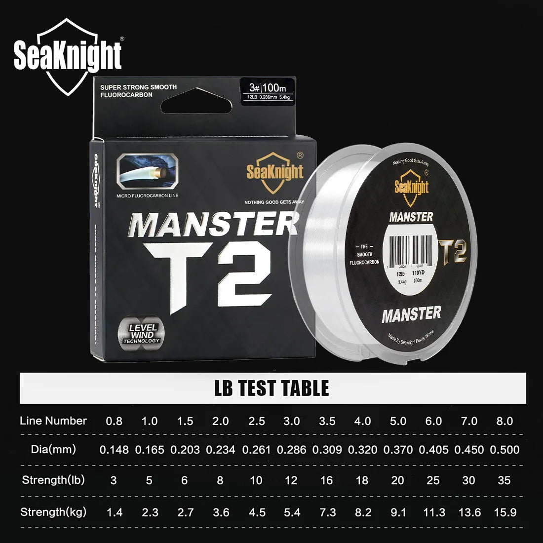 SeaKnight Brand MANSTER T2 Series 100% Fluorocarbon Fishing Line 100M, Carbon Fiber Line 3-35LB Upgrade Sinking Line Sea Fishing