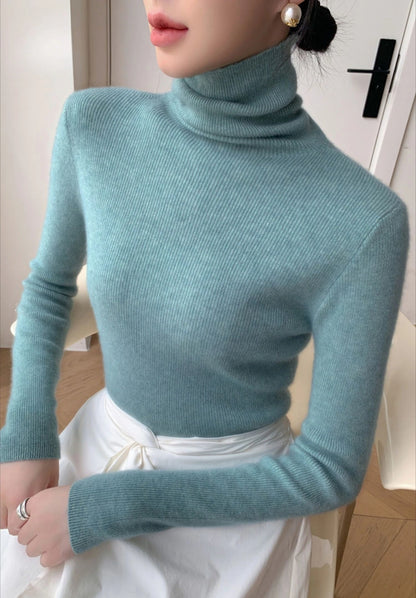 Women's Turtleneck Knit Pullover Sweater, Slim Fit, Long Sleeve, Solid