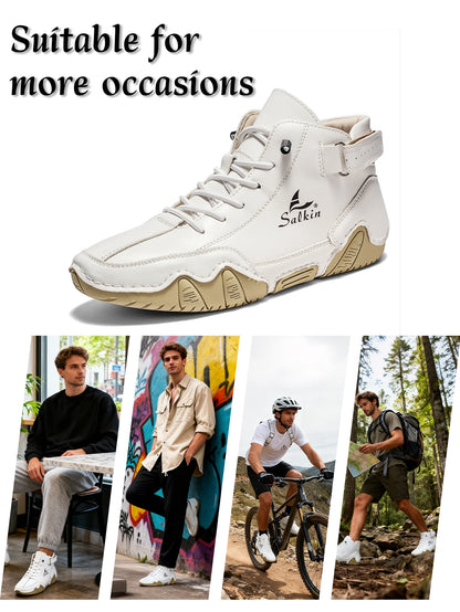 Men's Outdoor Leather Boots Lace Up Ankle Boots White Breathable