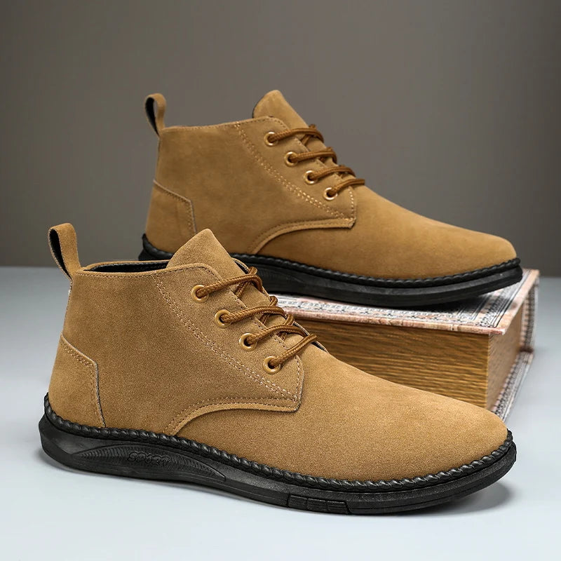 High Top Casual Board Shoes Men's Lace Up Suede Black Flat Bottom Short Boots Men's Chelsea Boots High-quality Brand Denim Boots