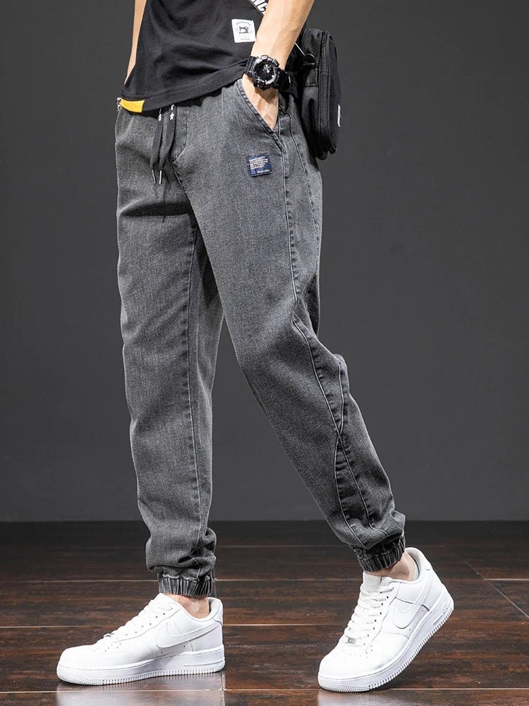 Mens Denim Cargo Jogger Pants, Baggy Harem Style, Drawstring Waist Plus Size