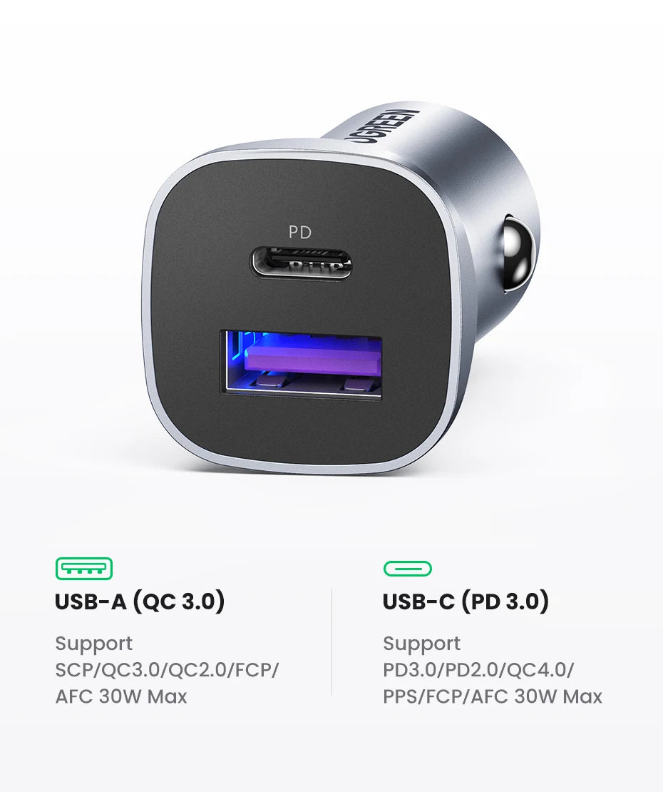 UGREEN Car Charger Type C Fast USB Charger for iPhone 17 16 15 Xiaomi Car Charging Quick 4.0 3.0 Charge Mobile Phone PD Charger
