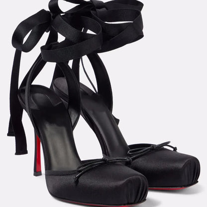 Women's Square-Toed Satin High Heel Sandals With Ankle Straps