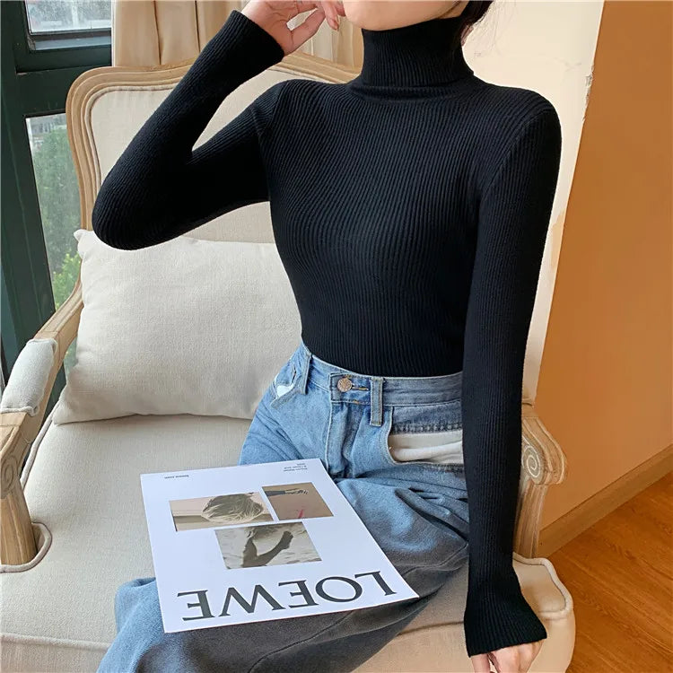 2025 Autumn Winter Women Long Sleeve Knitted Foldover Turtleneck Ribbed Pull Sweater Soft Warm Femme Jumper Pullover Clothes