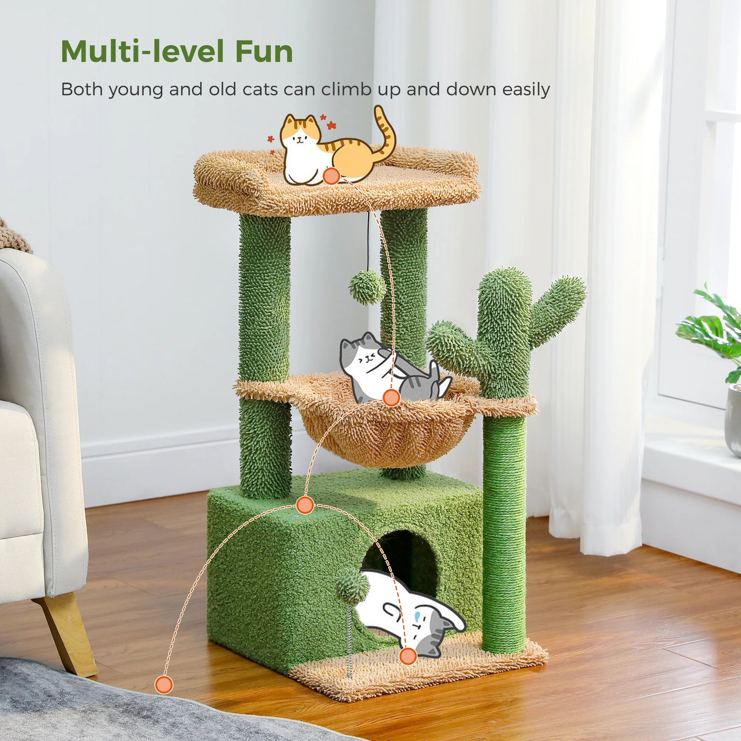Small Cat Tree with Cozy Condo Hammock Top Perch Cat Scratching Post for Indoor Multi-Level Cat Tower Cat Scratcher Kitten Toys