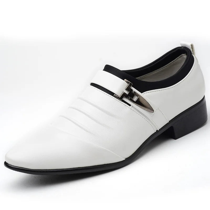Men Slip On Black Leather Dress Shoes Pointed Toe Rubber Sole Plus Size