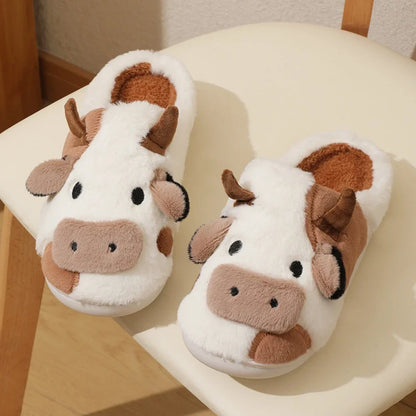 Cartoon Cow Plush Slippers For Women Winter Indoor Non-Slip Rubber Sole