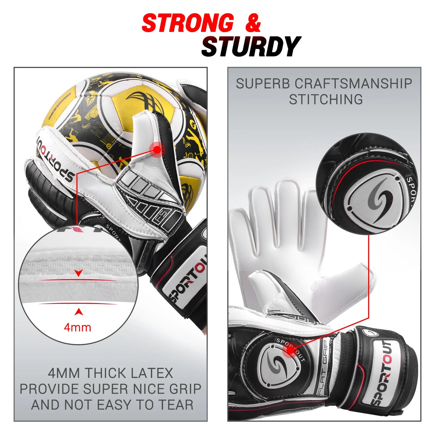 Sportout Goalie Gloves, Goalkeeper Gloves with Fingersave, Soccer Gloves, Breathable Soccer Goalie Gloves, 4mm Latex, for Kids