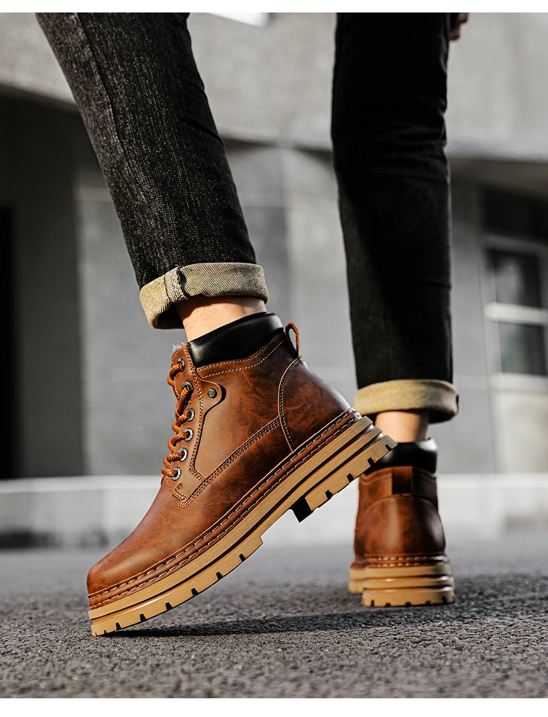 Men's Winter Snow Boots Leather Plush Lining Ankle High Lace Up