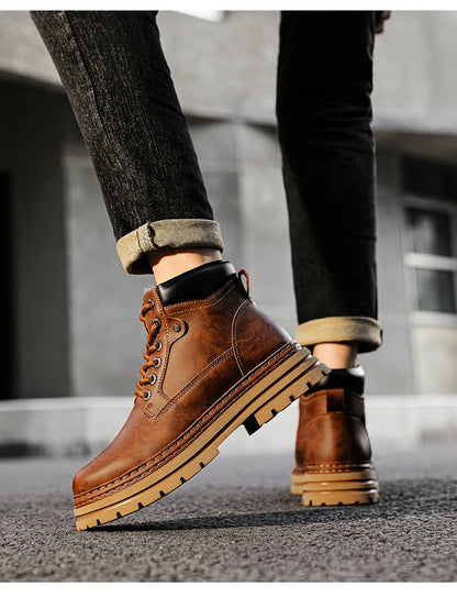 Men's Winter Snow Boots Leather Plush Lining Ankle High Lace Up