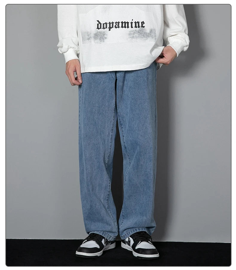 Men Denim Jeans Loose-Fit Casual Wide-Leg Light Blue Grey Black
