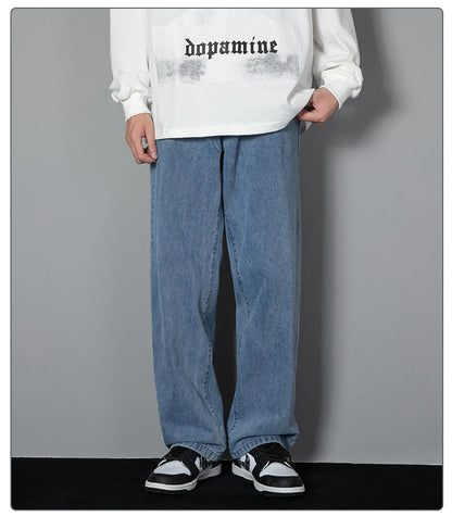 Men Denim Jeans Loose-Fit Casual Wide-Leg Light Blue Grey Black