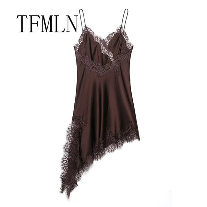 Women Backless Lace Splicing Mini Dress Sleeveless Solid Asymmetrical Polyester
