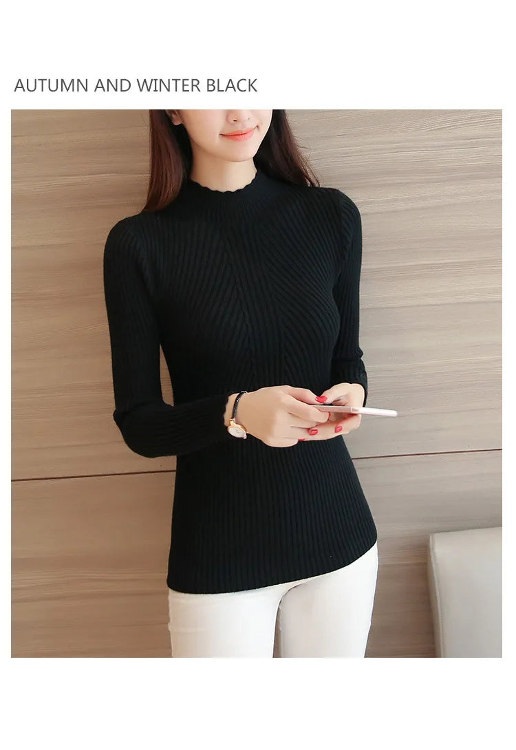 2025 Autumn Women Mock Neck Ruffles Sweater Long Sleeve Knitted Bottoming Solid Pullovers Stripe Women Casual Sweater Winter