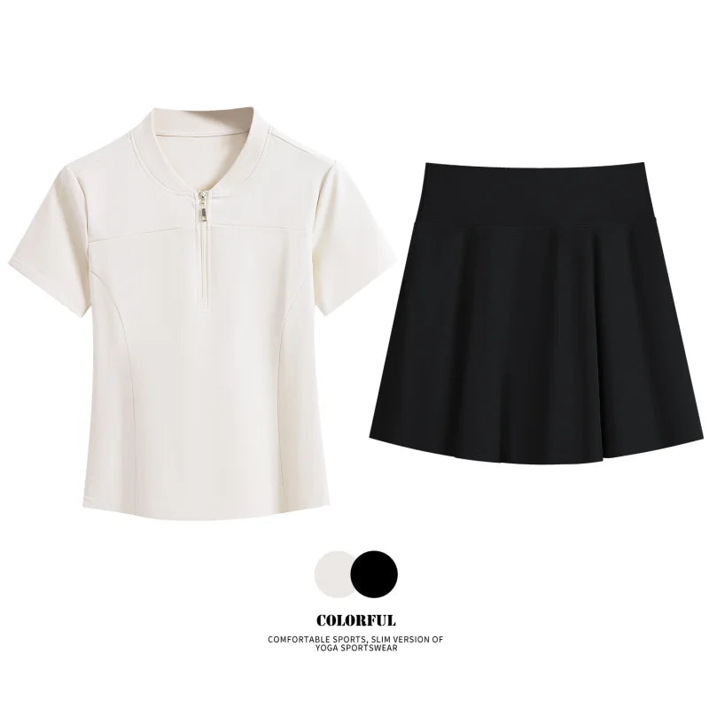 DRUR Women Tennis Skirt Set Summer Slim Fit Lightweight Gym Outfit 2 Piece Sport Top Skort Suit 2pcs Tracksuit Ladies Golf Wear