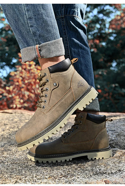 Leather Men Work Boots Mid Calf Ankle High Top Non Slip