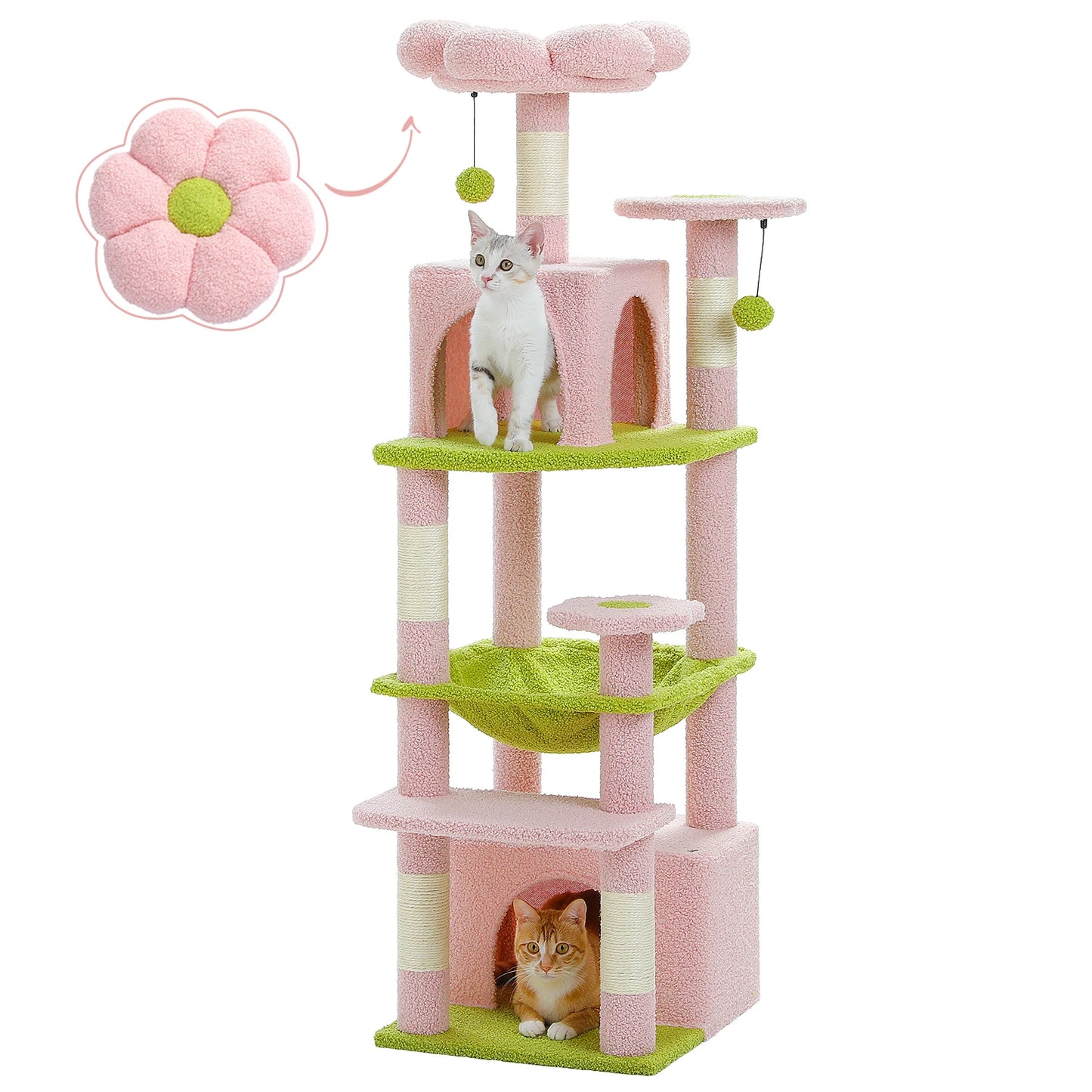 6-levels Cat Tree Tower with Joyful Pompom,Cozy Hammock,Double Condos,2 Top Perches,5 Scratching Posts Perfect for Indoor Cats