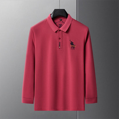 Men's Long Sleeve Polo Shirt Polyester Knit With Horse Embroidery