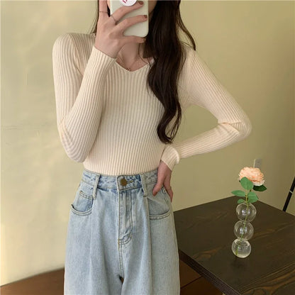 Women's V-Neck Knitted Pullover, Long Sleeve Slim Fit Jersey Top