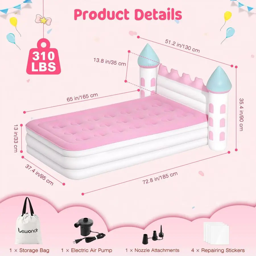 Inflatable Kids Bed, Pink Castle Toddler Travel Bed with Electric Air Pump, Kids Blow Up Mattress with Portable Storage Bag, Kid
