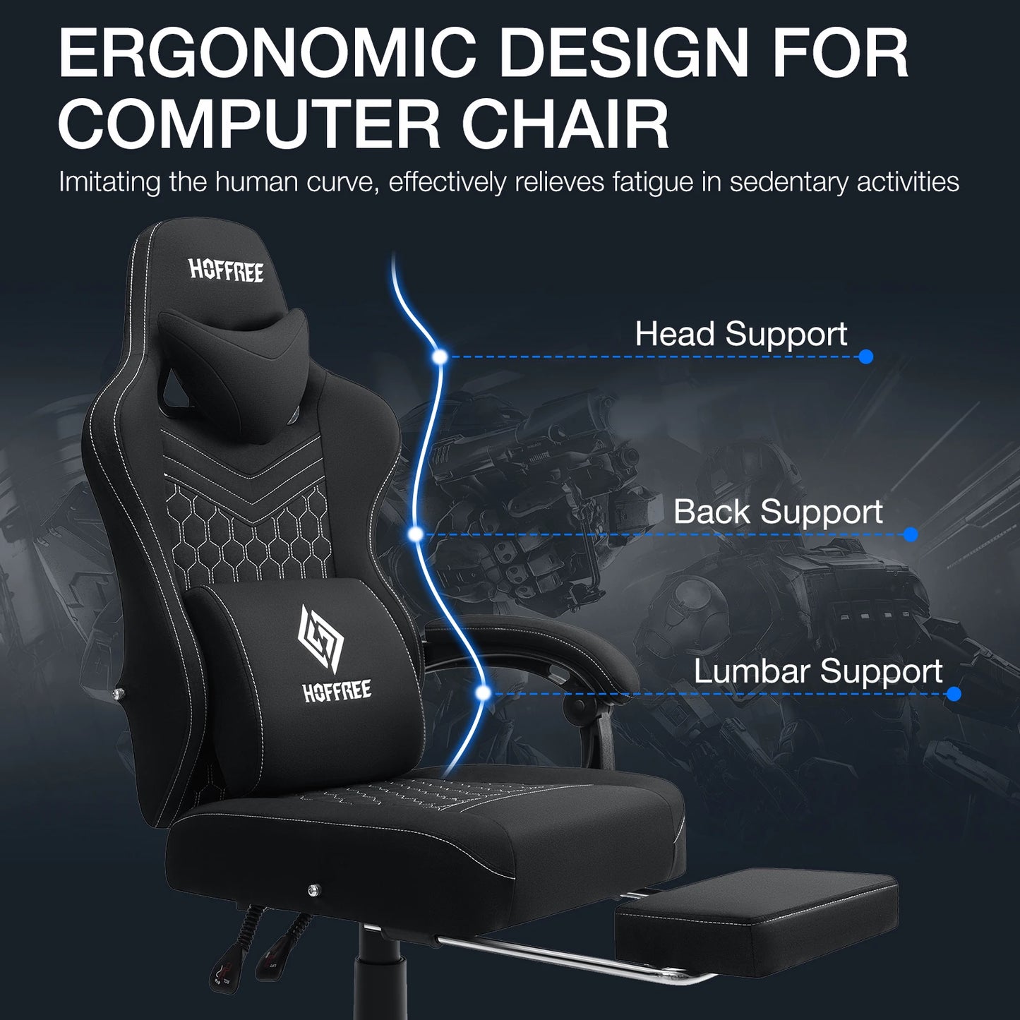 Ergonomic Office Chair With Footrest Lumbar Cushion Bluetooth Speaker 2-Point Massage Height Adjustable Gaming Racing Chair Sofa