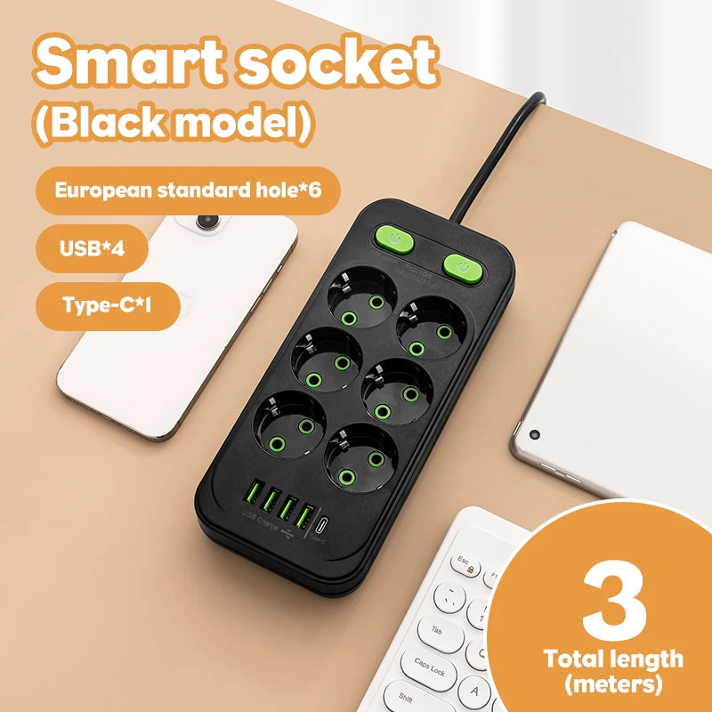 EU Plug Power Strip 6 AC Outlet Multitap Extension With 5 USB Ports 3m Cord Electrical Socket 2500W Fast Charge Surge Protector
