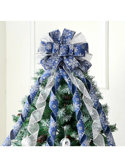 Glitter Snowflake Tree Topper Bow – Holiday Ribbon Decor