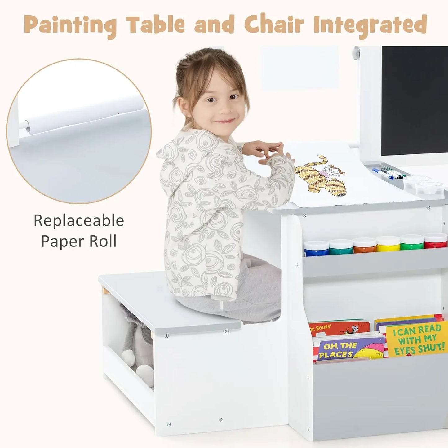 3-in-1 Adjustable Kids Art Table & Chair Set with Dual-Sided Easel, Paper Roll & Storage for Drawing & Play